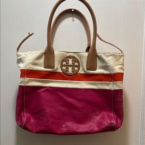 Tory Burch Pink and Orange Canvas Tote Bag